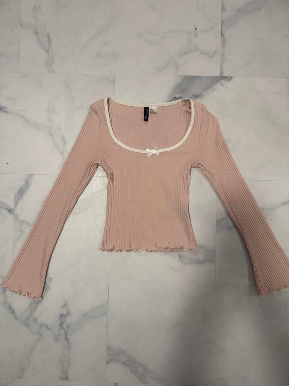 Divided H&M Women’s Ribbed Scoop Neck Long-Sleeve Top - Light Pink